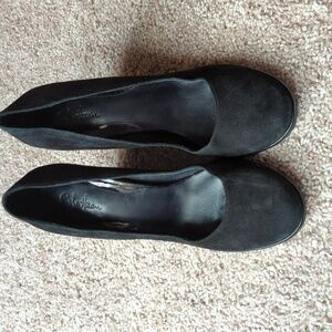 Cole Haan wedge heels size 9B black suede with black patent heel like new